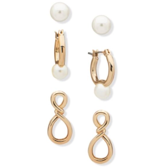 Anne Klein Gold-tone 3 Piece Set Imitation Pearl Earring White Huggies Studs NWT - Picture 1 of 3